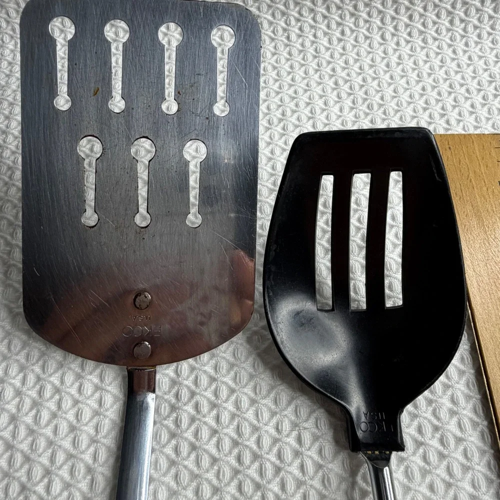 VTG EKCO Spatula Set Stainless Steel Slotted Turner & Nylon Spatula USA Black